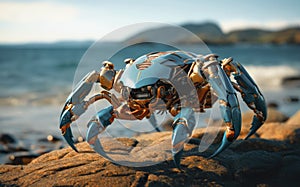 Robot crab on the seashore among the rocks