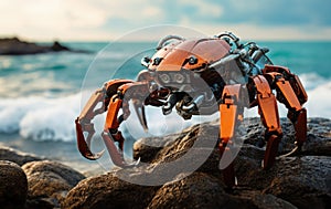 Robot crab on the seashore among the rocks