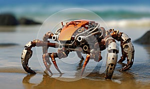 Robot crab on the seashore among the rocks