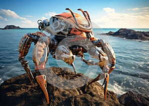 Robot crab on the seashore among the rocks