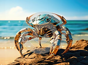 Robot crab on the seashore among the rocks