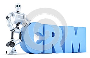 Robot with CRM sign. Business Technology concept. Isolated. Contains clipping path