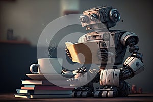 robot with cup of coffee and stack of books, taking a break from studying