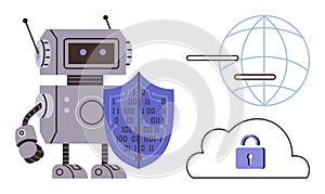 Robot with Cybersecurity Shield, Padlock Cloud, and Global Network Connection