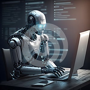 robot cyborg artificial intelligence works on a computer, technological background, databases