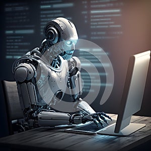 robot cyborg artificial intelligence works on a computer, technological background, databases