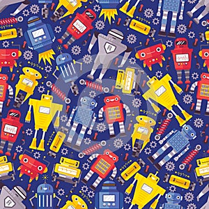 Robot and cyborg character seamless pattern, banner. Design technological process flat equipment, vector illustration.