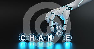 Robot or cyborg hand with black  technology cubes and text Change to Chance