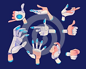 Robot or cyborg hand in different gestures