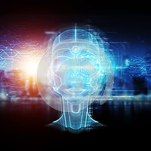 Robot cyborg head artificial intelligence learning 3D rendering