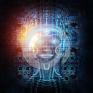 Robot cyborg head artificial intelligence learning 3D rendering