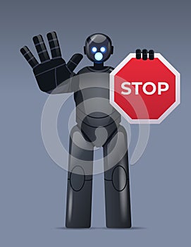 robot cyborg holding red stop sign robotic character showing no entry hand gesture artificial intelligence
