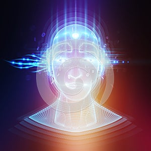 Robot cyborg man head artificial intelligence learning 3D rendering