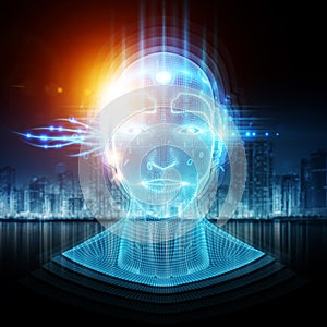 Robot cyborg man head artificial intelligence learning 3D rendering