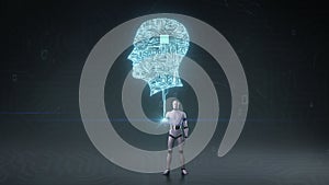 Robot cyborg open palm, Brain shape of head connect digital lines, grow artificial intelligence. body scene.