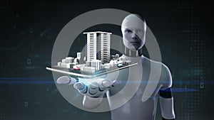 Robot cyborg open palm, real estate application, constructed building city on a smart phone,mobile, smart pad, tablet.