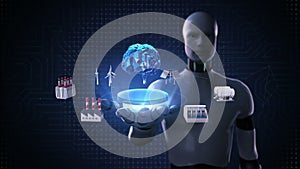 Robot, cyborg open palm, Smart Factory, solar panel, wind generator, Hydroelectricity connect Digital brain