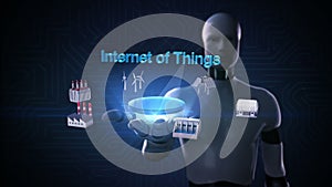 Robot, cyborg open palm, Smart Factory, solar panel, wind generator, Hydroelectricity connect Internet of things