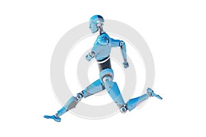 Robot cyborg in a running pose isolated on a white background. 3D renderer