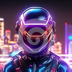 Robot cyborg soldier. Futuristic helmet concept with neon lights.