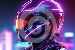 Robot cyborg soldier. Futuristic helmet concept with neon lights.