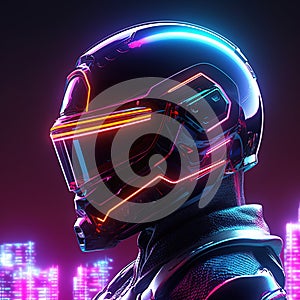 Robot cyborg soldier. Futuristic helmet concept with neon lights.