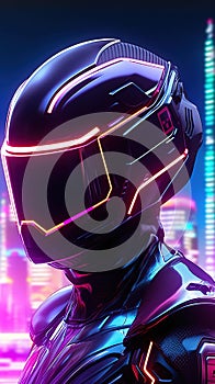 Robot cyborg soldier. Futuristic helmet concept with neon lights.