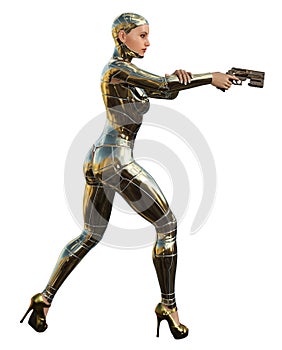 Robot cyborg soldier with gun, golden armor, 3d illustration