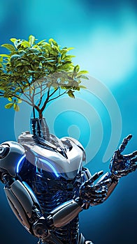 Robot cyborg soldier with nature concept. Robot technology futuristic background.