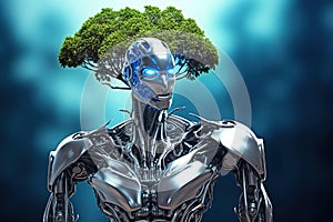Robot cyborg soldier with nature concept. Robot technology futuristic background.