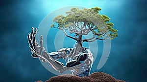 Robot cyborg soldier with nature concept. Robot technology futuristic background.