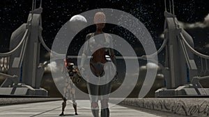 Robot and cyborg on a space base