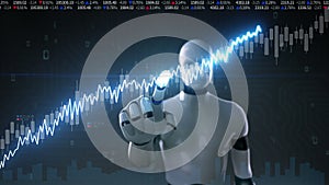 Robot cyborg touched screen, various animated Stock Market charts and graphs. Increase line. Artificial Intelligence