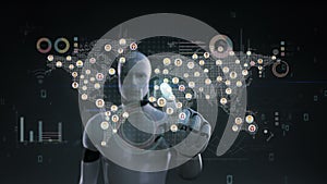 Robot, cyborg touching connected world people, using communication technology. with economic diagram,chart. social media.