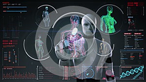 Robot, cyborg touching digital screen, Female body scanning blood vessel, lymphatic, circulatory system in digital display