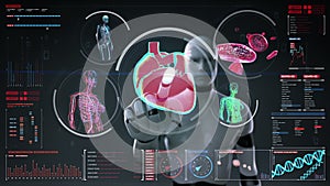 Robot, cyborg touching digital screen, Female body scanning blood vessel, lymphatic, heart, circulatory system in digital display
