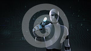 Robot, cyborg touching screen, artificial intelligence, computer technology, humanoid science.1.