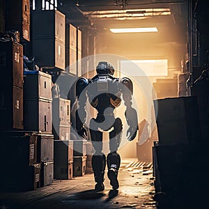 A robot or cyborg working in a warehouse, generative AI