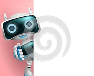 Robot 3d character vector background template. Robotic character showing empty white board element with space for presentation.