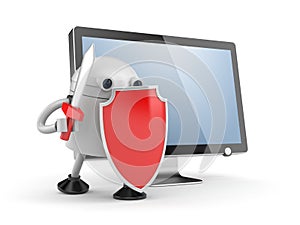 Robot defends the desktop computer. Robot with red shield and sword