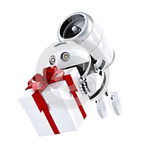 Robot delivering gift box. Express delivery concept