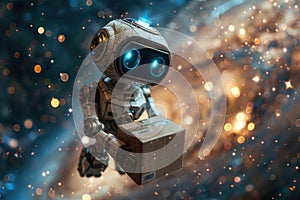 A robot delivering a package in the middle of space with galaxy background