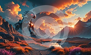 A robot is depicted in the middle of a desert landscape with a sunset in the background.