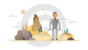 Robot in Desert Landscape - AI, Exploration Arid Environment Tech, vector design Generative AI
