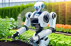 A high-tech robot designed for agricultural tasks tends a garden bed in a greenhouse. Plant care, farming techniques