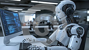 Robot Developer AI Programmer at Work in Modern Office Environment