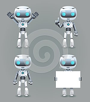 Robot different poses innovation technology science fiction future cute little 3d Icons set design vector illustration