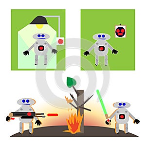 Robot in different positions. War of technology. Destruction of the planet. Burning forest. Weapons destroy nature.