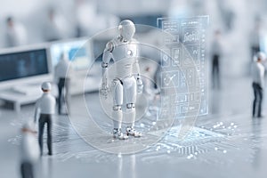 Robot in digital workspace analyzing data with human figures in background