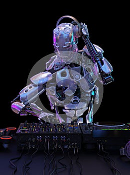 Robot disc jockey at the dj mixer and turntable plays nightclub during party. Entertainment, party concept. 3D illustration